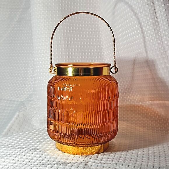 6 1/4" Orange Textured Glass Lantern/Vase with Gold Handle & Bands - Picture 1 of 8